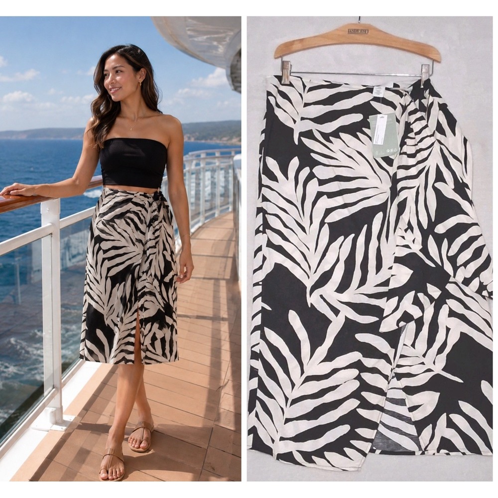 H&M Linen Blend Tropical Palm Tree Wrap Skirt Midi Women's Size 10 Resort Beachy